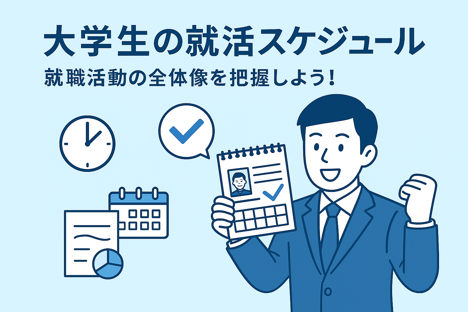 スーツ姿の大学生がカレンダーを見ながら就活スケジュールを確認しているイラスト。時計やチェックマークのアイコンが並び、前向きな雰囲気。