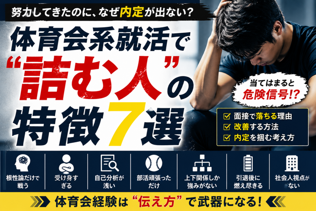 体育会系就活で詰む人の特徴7選を解説するアイキャッチ画像｜内定が出ない体育会学生の共通点と改善方法
